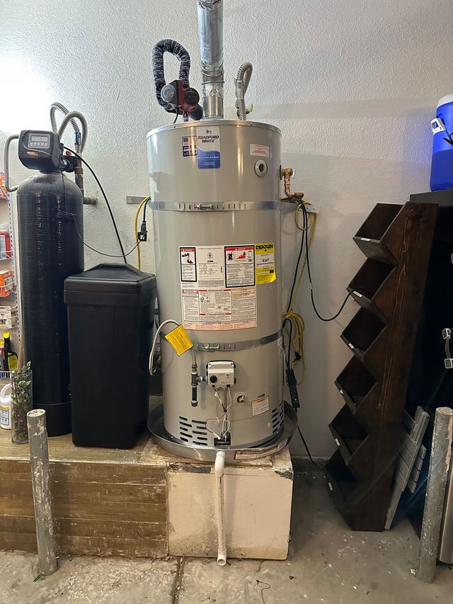 Water heater in a utility room with a black bin and shelving beside it.