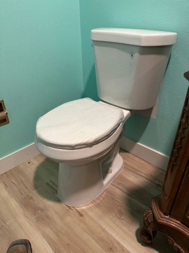 White toilet in a mint-green bathroom with wood-look floor and part of a wooden cabinet visible