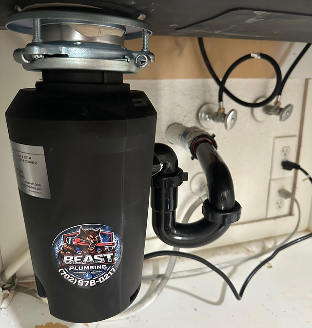 Under-sink garbage disposal with black plumbing pipes and electrical wiring beneath a countertop