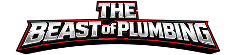 Logo reading “The Beast of Plumbing” in bold red, black, and white stylized text on a white background