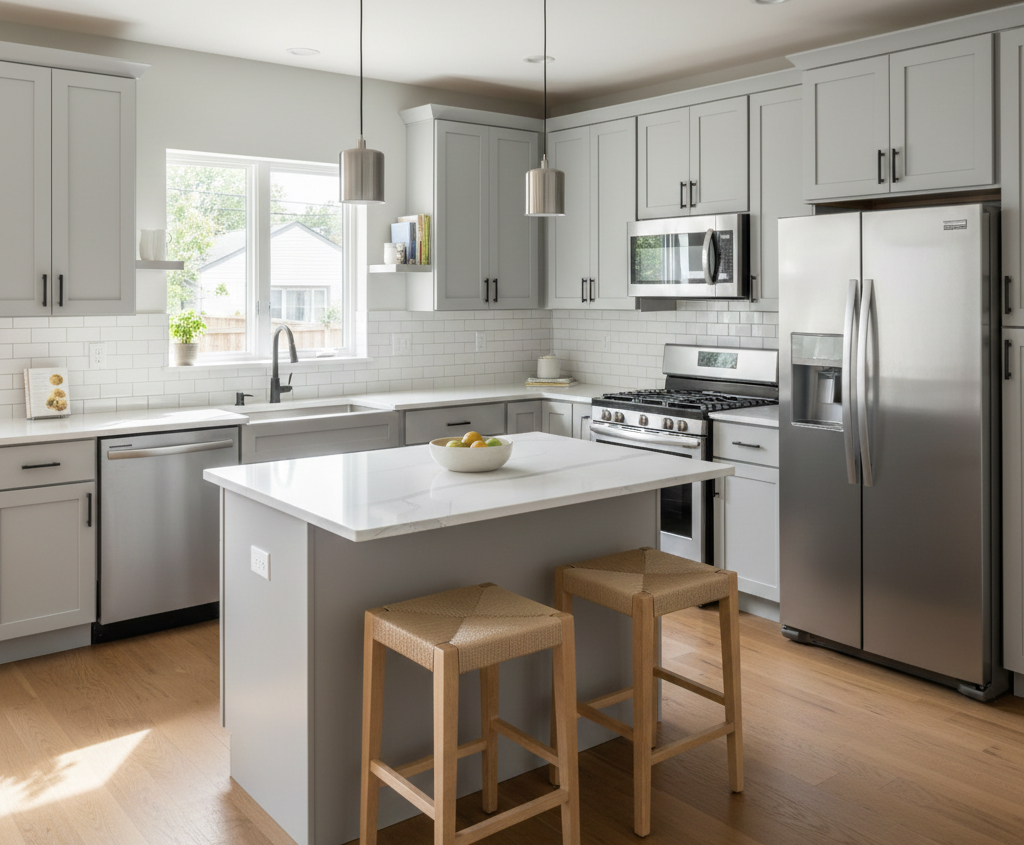 Modern kitchen with gray cabinets, stainless steel appliances, and a white island with stools.