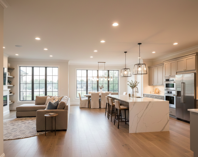 Empty room with light blue walls, wood floor, white trim, and a coffered ceiling.