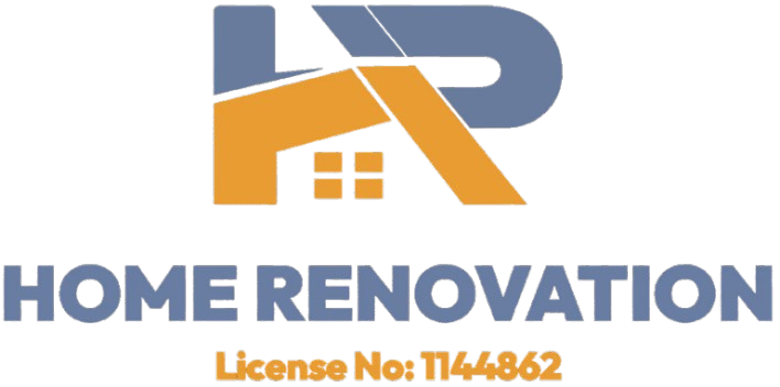 Logo for "Home Renovation." Blue and orange stylized "HR" symbol above text. License number T144862.