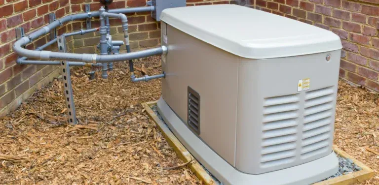 A generator is sitting on the ground next to a brick wall.
