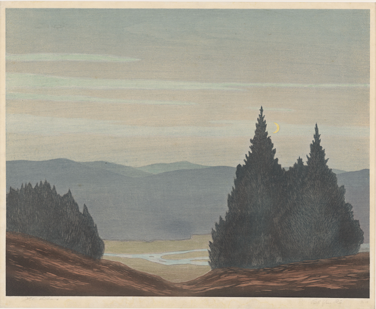 Abend im Spessart, Farbholzschnitt, von Yoshijiro Urushibara nach Bô Yin Râ