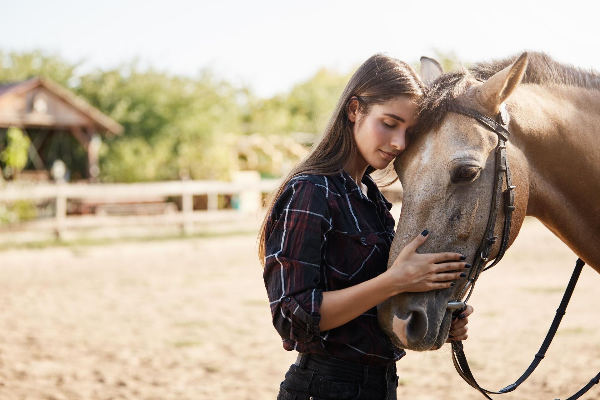 Mujer abrazando la cabeza de un caballo color canela en un corral al aire libre, mostrando afecto.