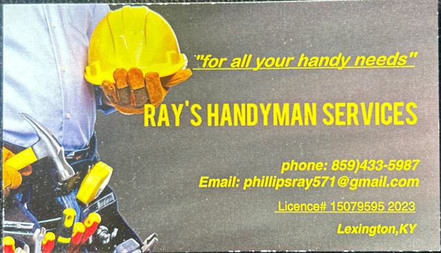 Business card for Ray's Handyman Services. Features a construction worker, yellow hard hat, and contact info.