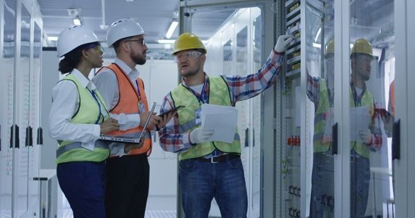A group of engineers are working on a server in a data center.
