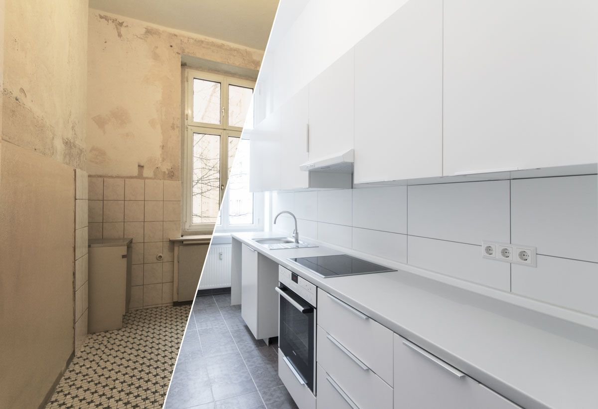 A before and after photo of a kitchen being remodeled.