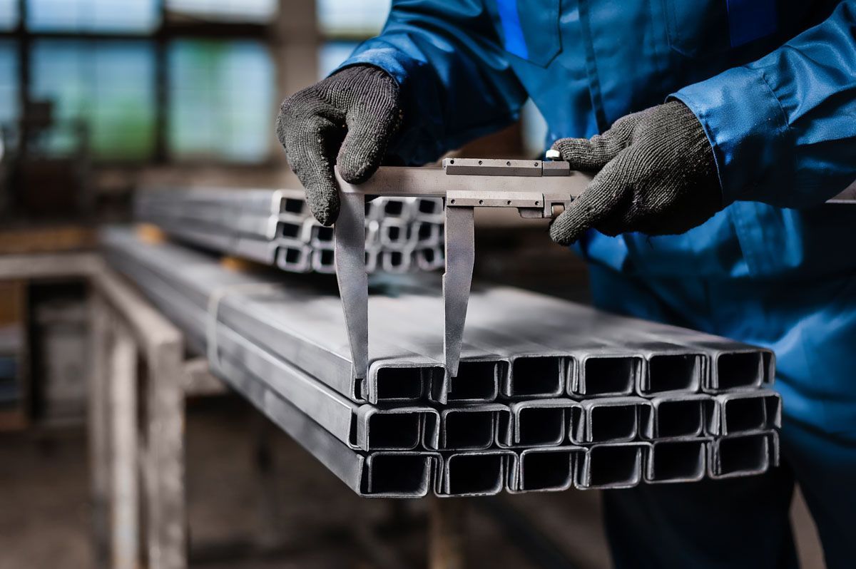 A man is measuring a stack of metal pipes with a caliper.