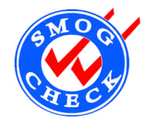 A blue and white smog check logo with a red check mark
