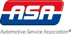 Logo of the Automotive Service Association in white letters on a red and blue background.