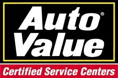 Auto Value logo with white text on black background and red banner: 
