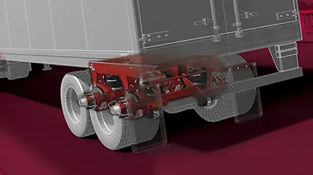 Red truck suspension system with tires, trailer, and mud flaps, shown in a transparent view.