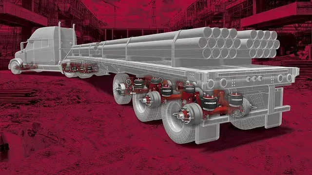 Diagram of a flatbed semi-truck transporting pipes; red undercarriage, translucent overlay.