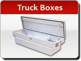 White truck tool box with open lid, red header 