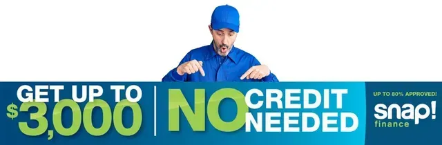 Man in blue uniform points to text: Get up to $3,000, no credit needed. Snap finance logo.