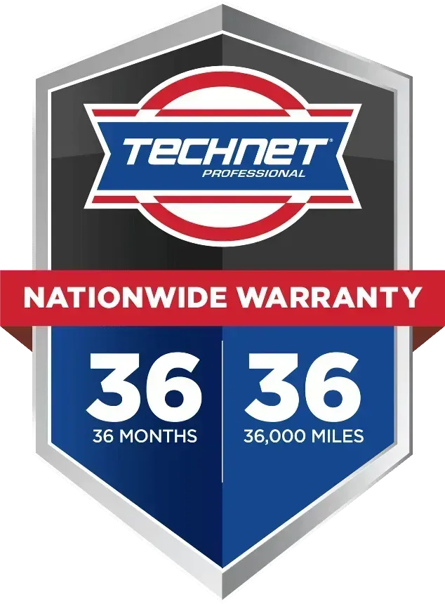 Technet Professional Nationwide Warranty logo: blue, red, and white shield; 36-month/36,000-mile warranty.