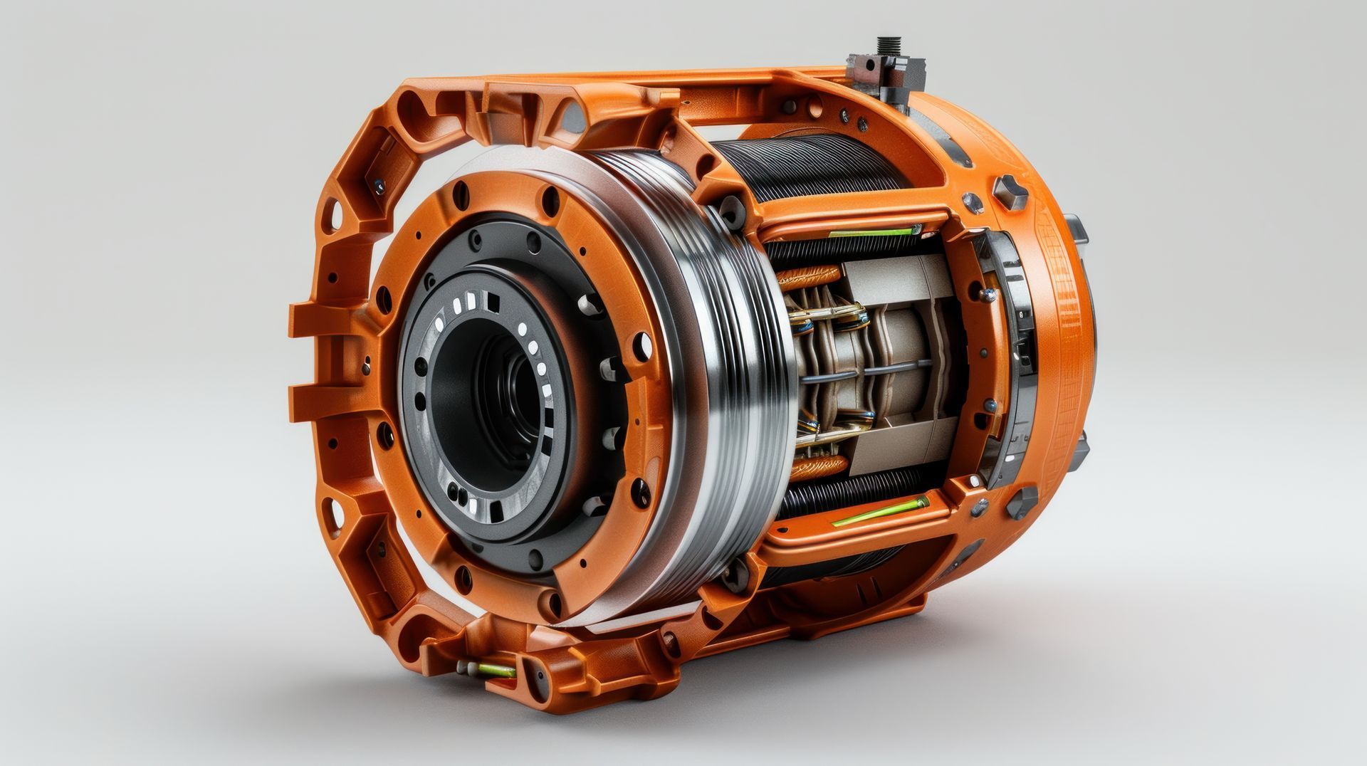 A close up of an electric motor on a white surface.