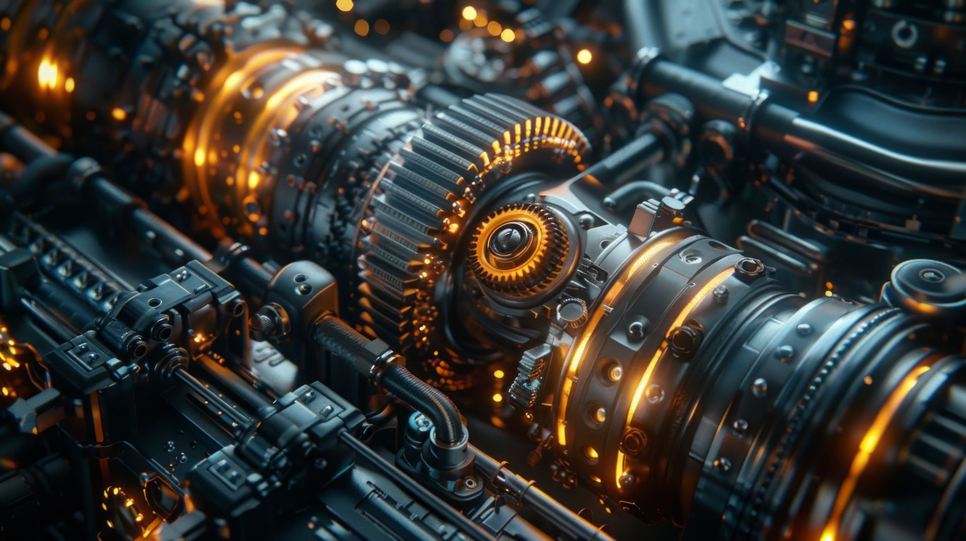 A close up of a futuristic engine with gears and glowing lights.