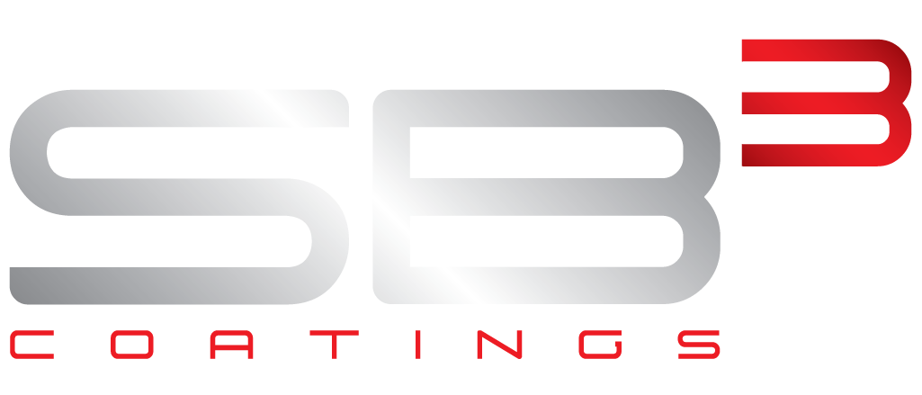 A silver and red logo for sb3 coatings