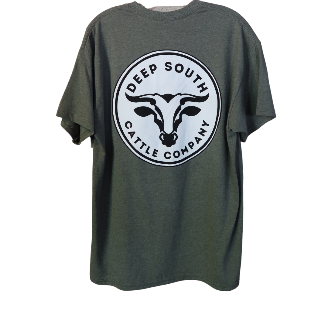 A green t-shirt with a white logo on the front