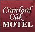 Cranford Oak Motel logo in white script on a dark red background with floral design.