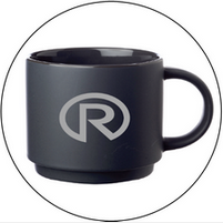 A black coffee mug with the letter r on it