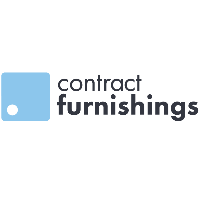 The logo for contract furnishings is a blue square with a white circle in the middle.