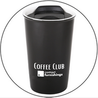 A black coffee cup with the words `` coffee club '' on it is in a circle.