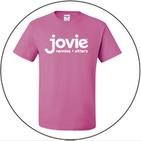 A pink t-shirt with the word jovie on it