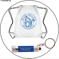 A blue valley schools drawstring bag with a keychain