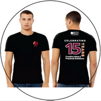 A man is wearing a black t-shirt with the number 15 on it.