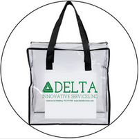 A clear tote bag with a delta innovative services inc. logo on it.
