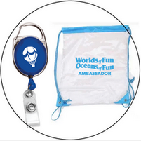 A badge reel and a drawstring bag are in a circle.