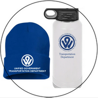 A blue beanie and a white water bottle are in a circle.