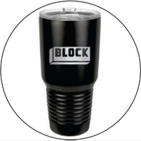 A black tumbler with the word block on it