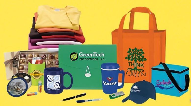 A variety of promotional items are displayed on a yellow background.
