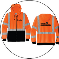 The front and back of an orange safety jacket with a hood