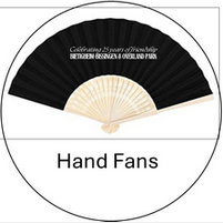 A black hand fan with the words hand fans written on it