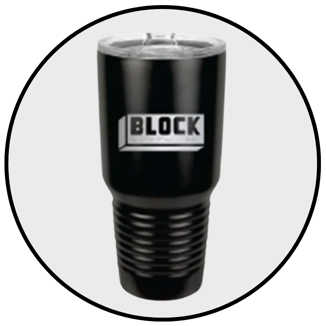 A black tumbler with the word block on it.