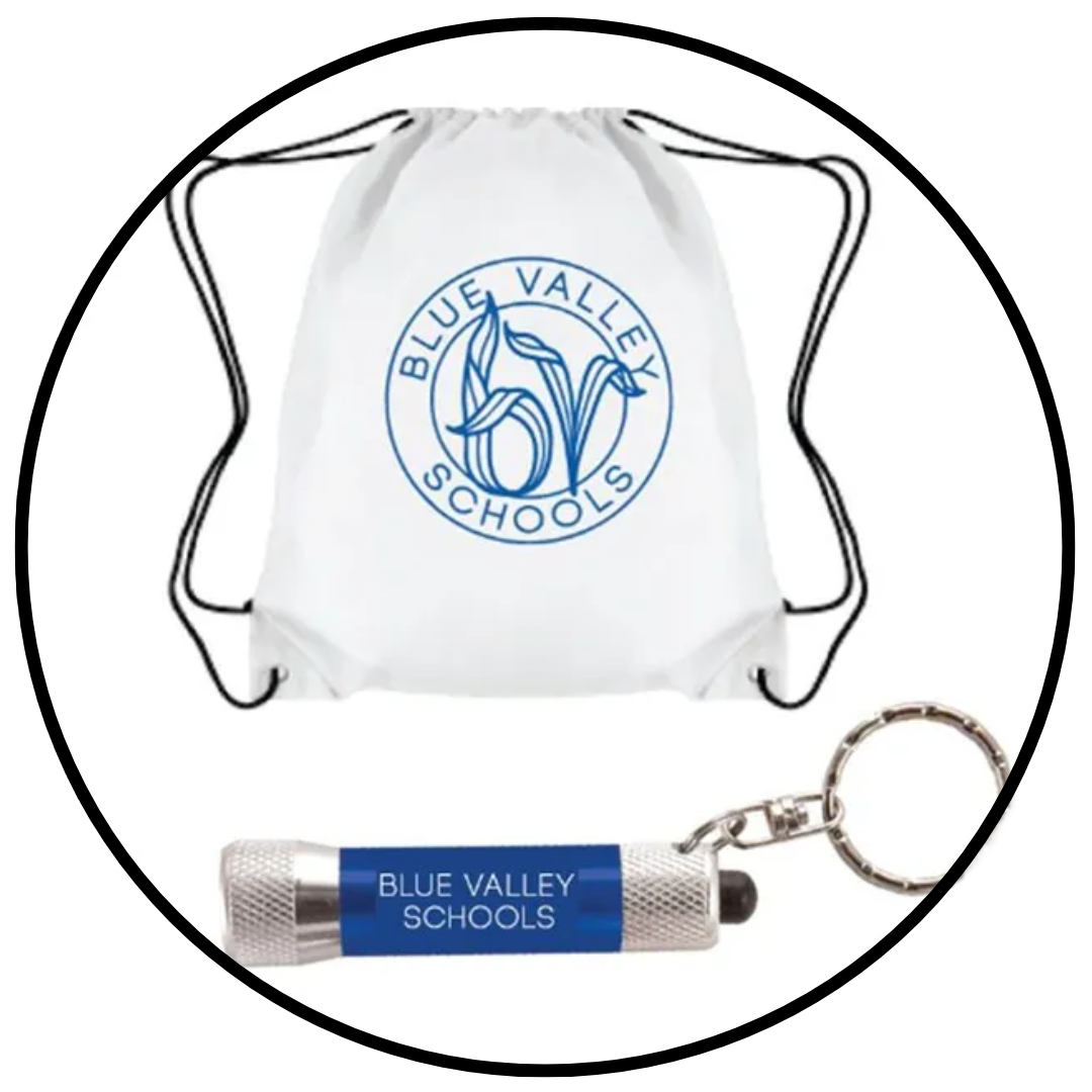 A blue valley school logo is on a white backpack