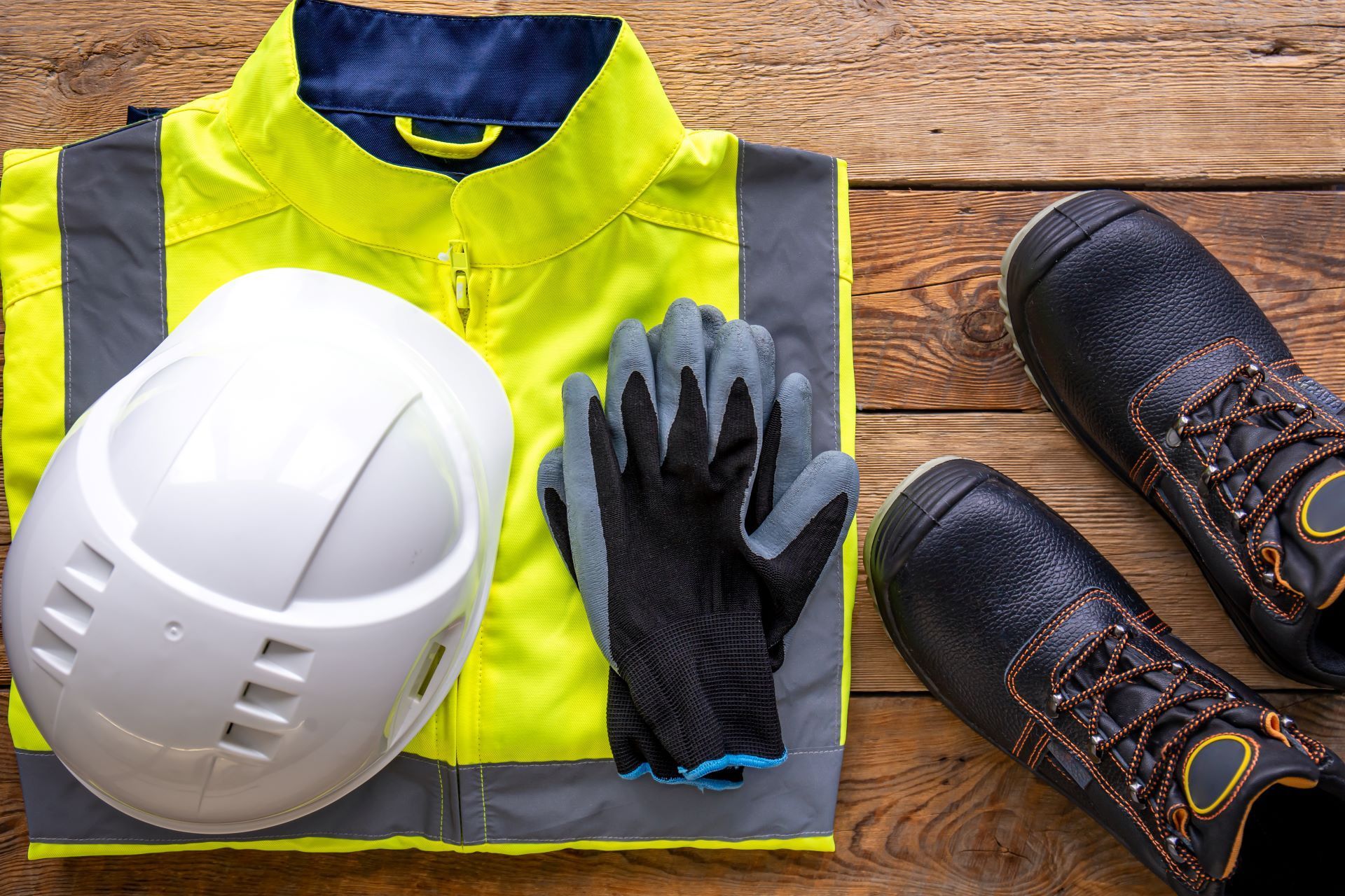 A hard hat , safety vest , gloves , and shoes are on a wooden table.