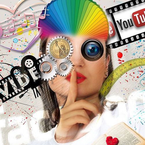 A woman with gears on her face and a youtube logo in the background