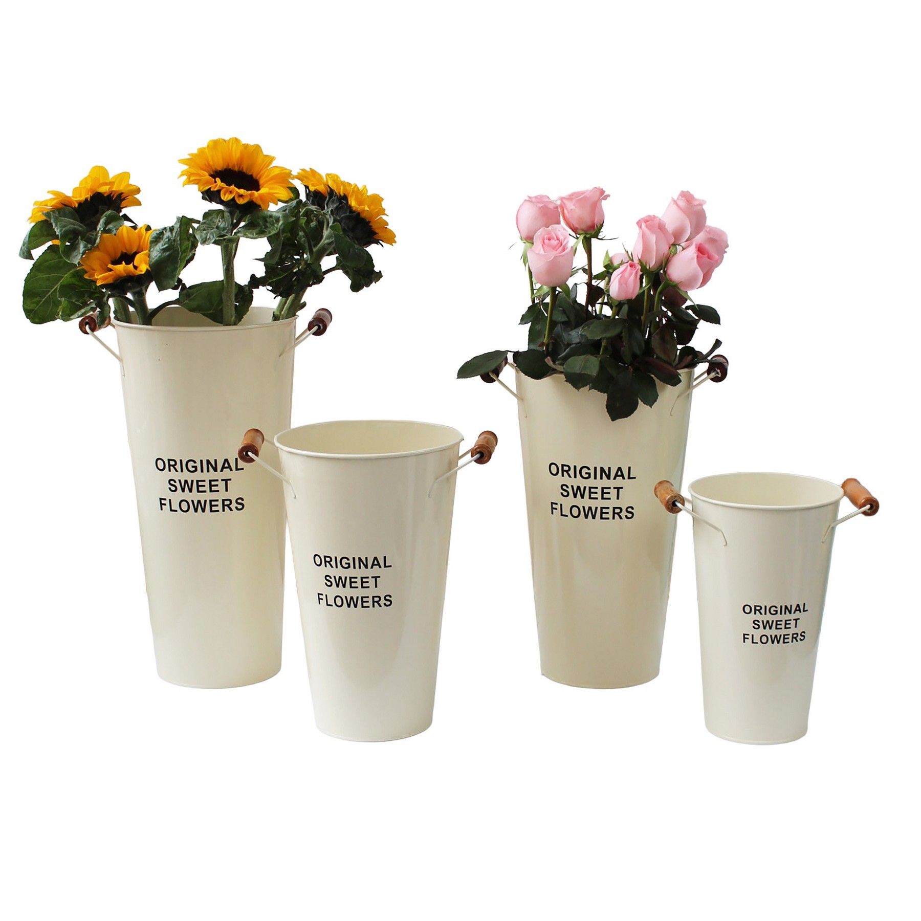 Four white vases with flowers in them that say original sweet flowers