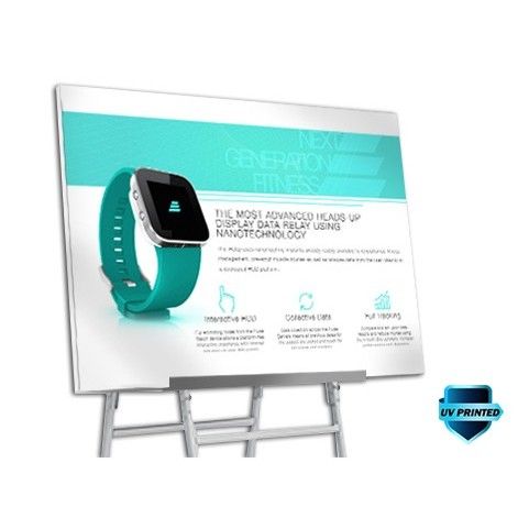 A poster of a smart watch on an easel.