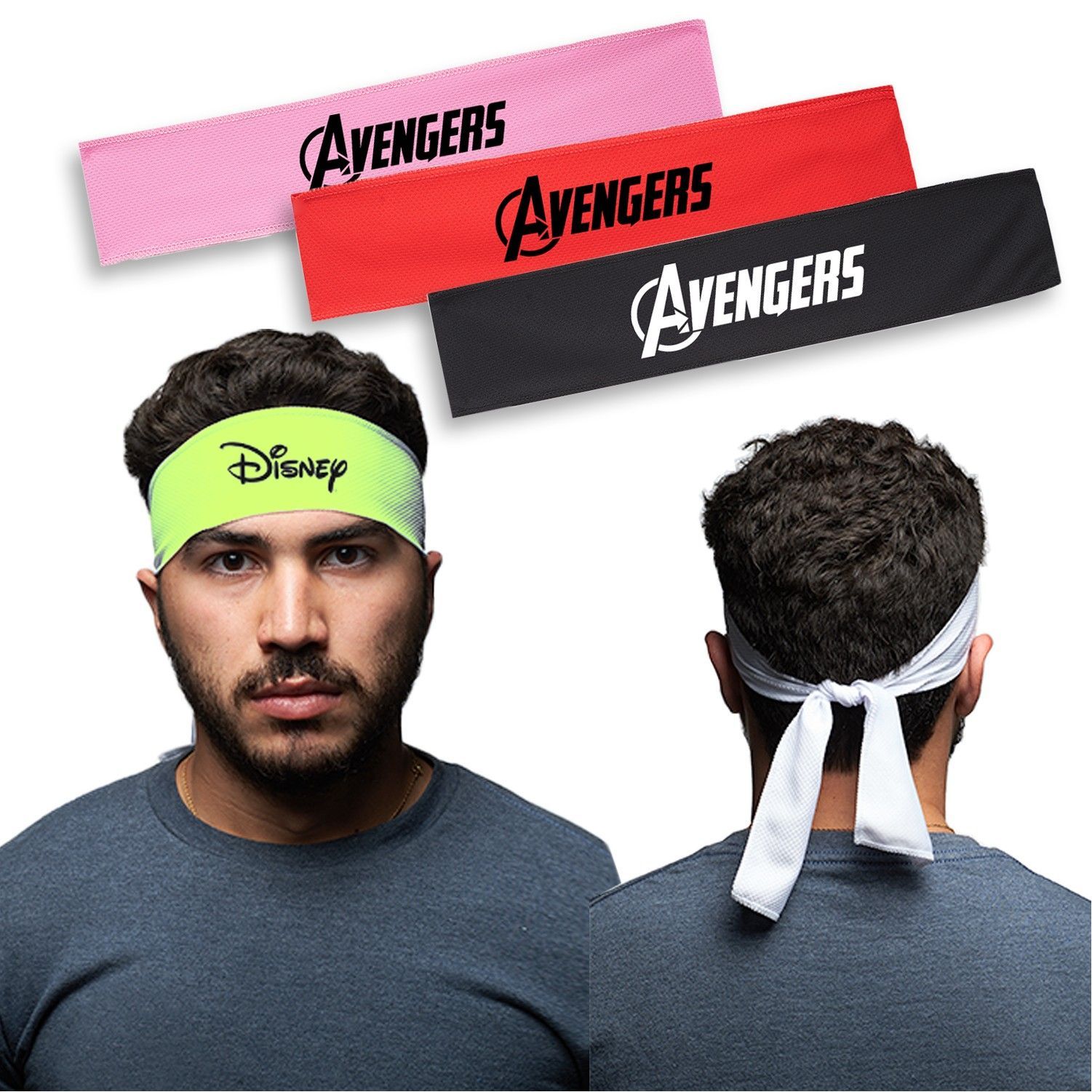 A man wearing a headband that says avengers on it