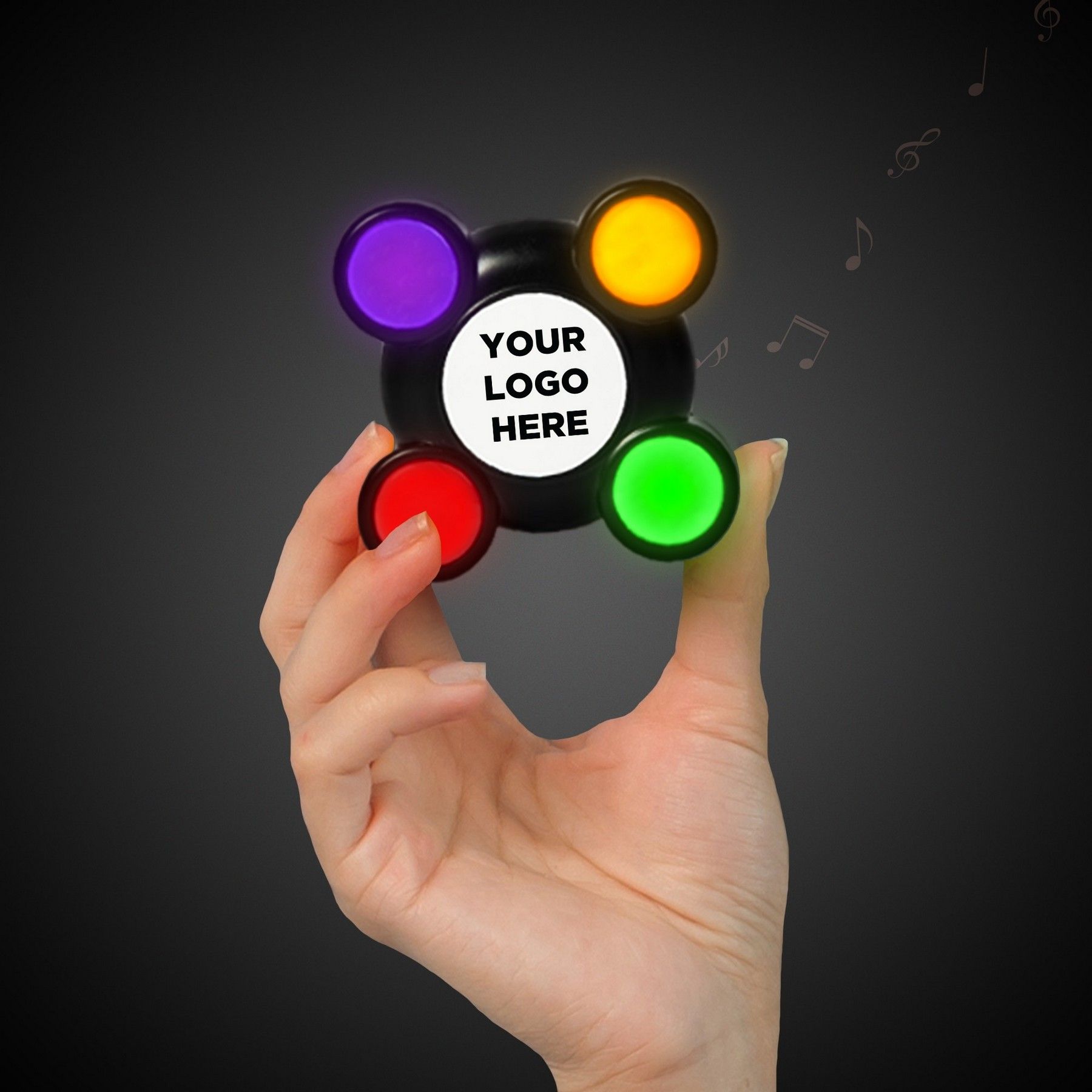 A person is holding a toy that says `` your logo here ''.