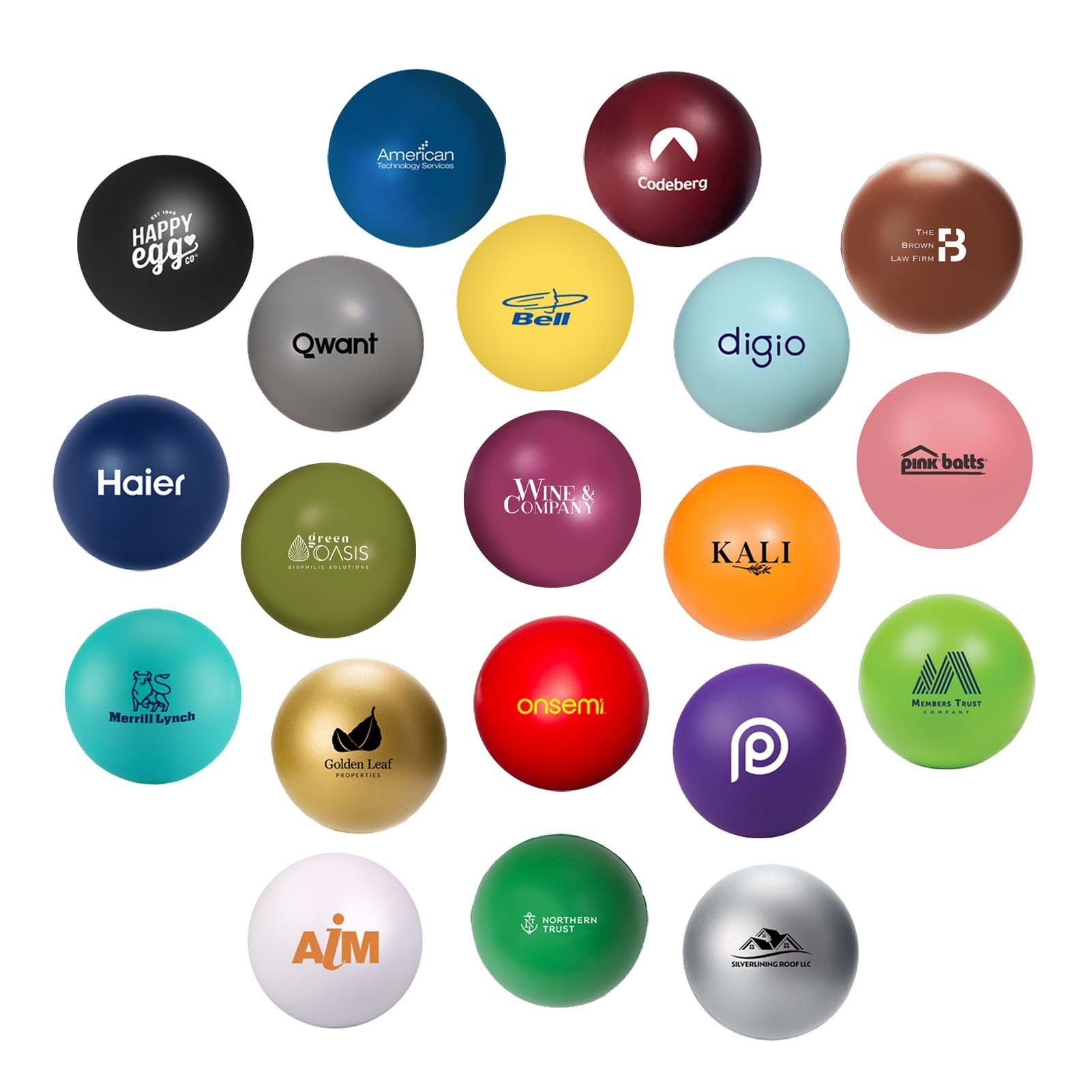 A bunch of different colored balls with logos on them