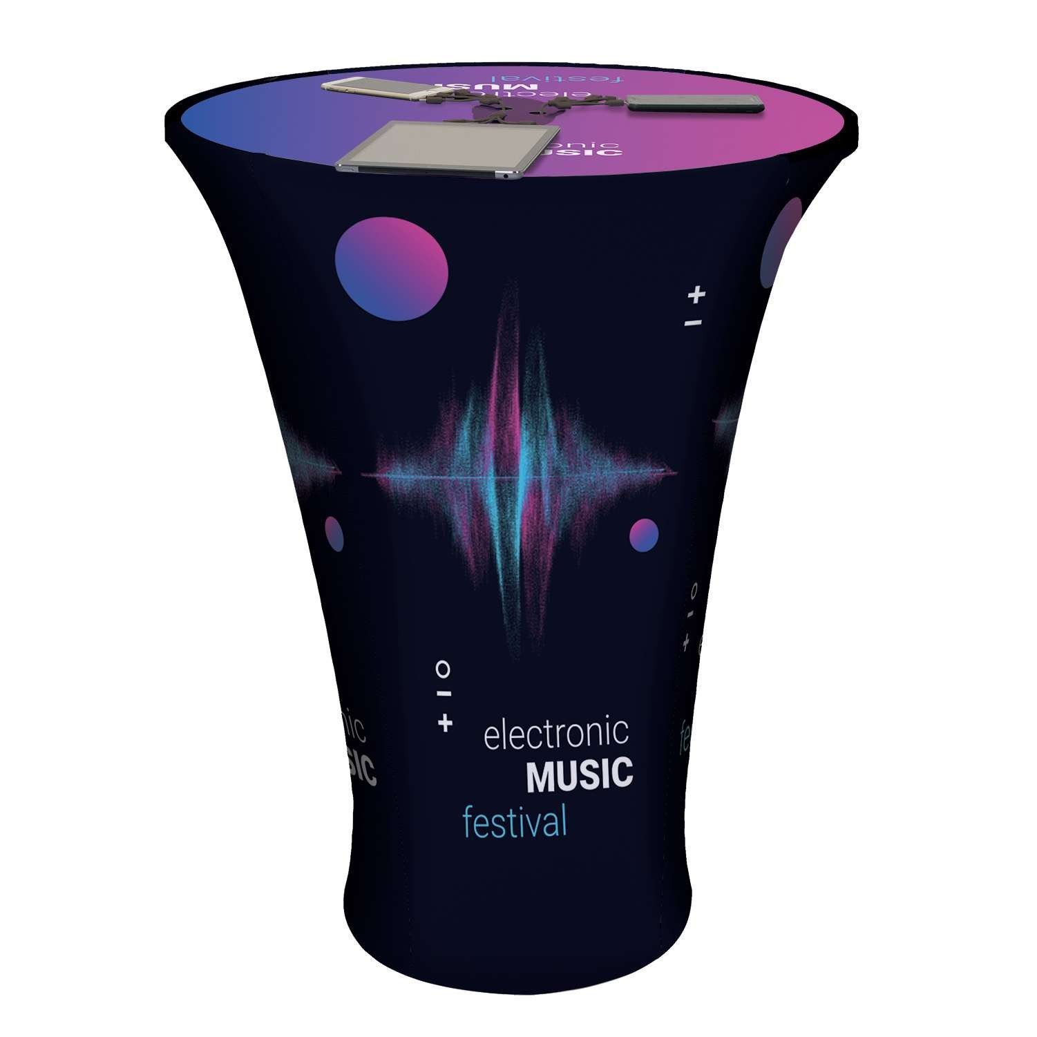 A table with a cover on it that says electronic music festival.